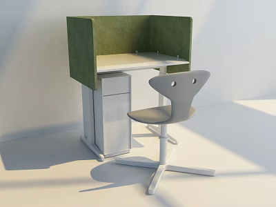 Modern Office Desk With Green Partition White Drawer Cabinet And Gray Chair 3d model