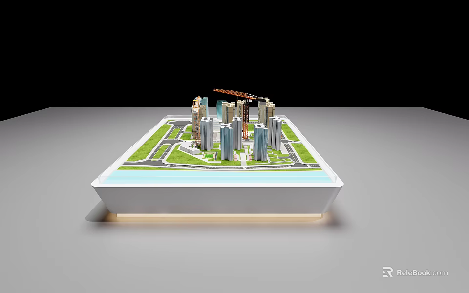 City Model Display Cabinet With High Rise Buildings Roads Green Grass Water And Crane 3d model 