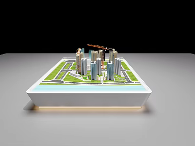 City Model Display Cabinet With High Rise Buildings Roads Green Grass Water And Crane 3d model