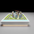 City Model Display Cabinet With High Rise Buildings Roads Green Grass Water And Crane