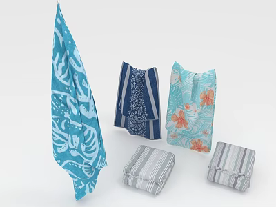 Colorful Towels with Various Patterns including Hanging and Folded Designs Blue Light Blue and Gray 3d model