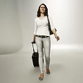 Woman Walking With Black Luggage And Handbag In White Top And Light Gray Pants