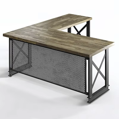 Industrial L Shaped Desk with Wooden Top Black Metal Frame and Perforated Mesh Panel 3d model