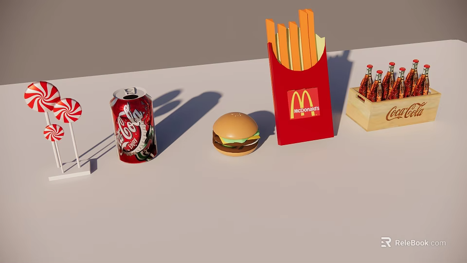Delicious Fast Food Assortment With McDonalds Fries Hamburger Coca Cola And Lollipop 3d model 