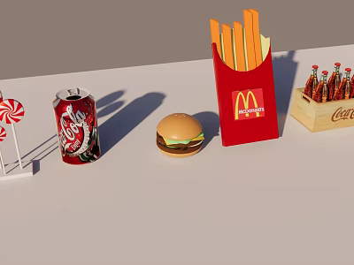 Delicious Fast Food Assortment With McDonalds Fries Hamburger Coca Cola And Lollipop 3d model