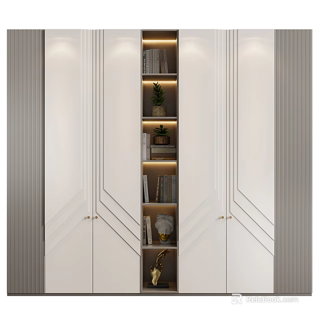Modern White Wardrobe Interior Featuring Shelves Decorative Items And Lighting 3d model 