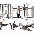 Fitness Equipment Collection Including Strength Training Machines And Woman Near Workout Stations
