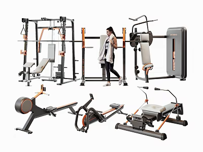 Fitness Equipment Collection Including Strength Training Machines And Woman Near Workout Stations 3d model