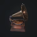 Vintage Gramophone Audio Device With Brass Horn And Wooden Base