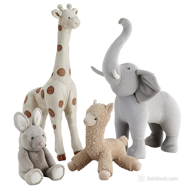 Cute Soft Plush Stuffed Animal Toys Including Giraffe Elephant Rabbit And Llama 3d model 