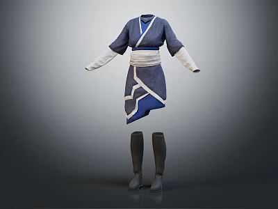 Traditional Blue And White Robe With Asymmetric Hem Belt Long Sleeves And Boots 3d model