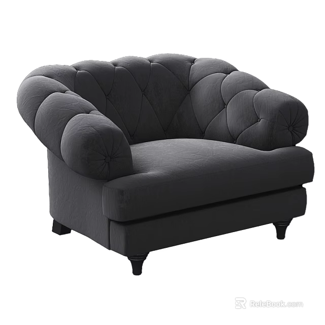 Gray Tufted Sofa Stool With Rounded Armrest And Dark Leg Design 3d model 