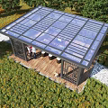 Outdoor Metal Pergola With Transparent Roof For Garden Relaxation Surrounded By Greenery