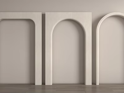 Three White Arches With Different Shapes Against Light Colored Wall And Wooden Floor 3d model