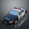 Black And White Police Car With Blue Red Emergency Lights And Badge