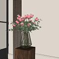 Pink Roses Bouquet In Geometric Glass Vase On Wooden Table With Curtain And Window Background