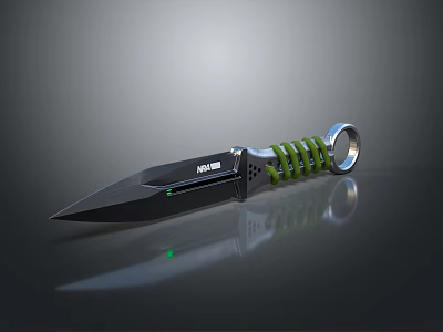 Modern Tactical Dagger With Green Coiled Handle Black Sharp Blade Ring Pommel And Metallic Finish 3d model