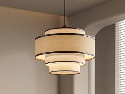 Multi layered Beige Fabric Chandelier With Wooden Frame In Modern Interior Room 3d model