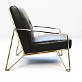 Modern Black Leather Single Sofa With Tufted Back And Gold Metal Frame