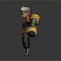 Man With White Hair Wearing Brown And White Costume Gloves Decorative Belt And Backpack