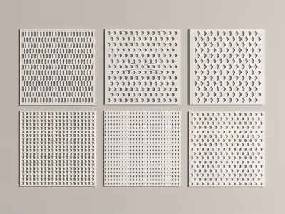 White Decorative Wall Panels Featuring Six Different Perforated Patterns Arranged in Two Rows Three Columns 3d model