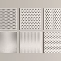 White Decorative Wall Panels Featuring Six Different Perforated Patterns Arranged in Two Rows Three Columns