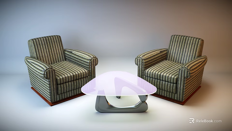 Striped Single Sofas With Transparent Coffee Table In Living Room Interior 3d model 