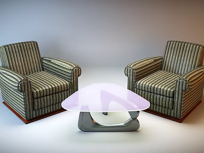 Striped Single Sofas With Transparent Coffee Table In Living Room Interior 3d model