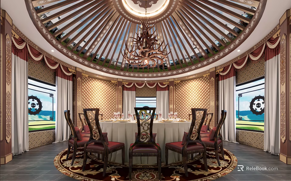 Luxurious Circular Private Dining Room With Domed Ceiling Chandelier And Round Table 3d model 