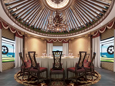 Luxurious Circular Private Dining Room With Domed Ceiling Chandelier And Round Table 3d model