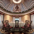 Luxurious Circular Private Dining Room With Domed Ceiling Chandelier And Round Table