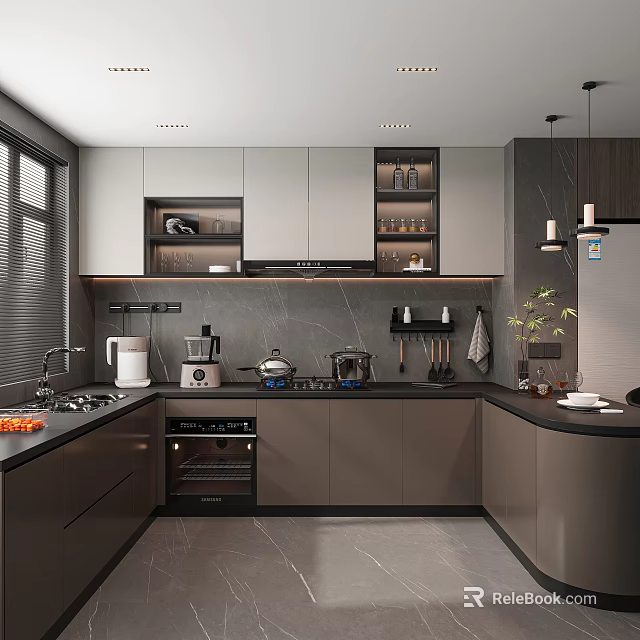 Modern Kitchen Interior Design With Dark Gray Cabinets Countertop Appliances And Plants 3d model 