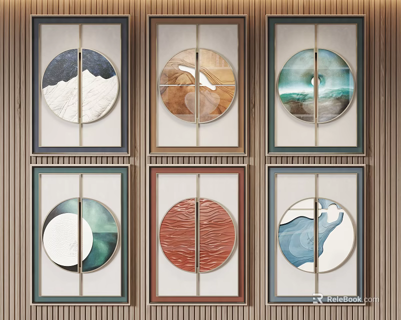 Six Modern Decorative Paintings with Circular Natural Element Framed Designs 3d model