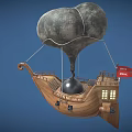 Cartoon Flying Ship Scene With Gray Balloon Wooden Hull Red Flag And Metal Ball