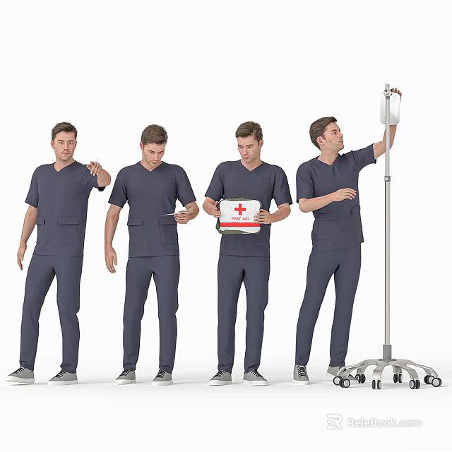 Men in Blue Medical Scrubs Holding First Aid Kit and Adjusting IV Stand with Drip Bag 3d model 