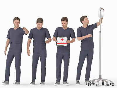 Men in Blue Medical Scrubs Holding First Aid Kit and Adjusting IV Stand with Drip Bag 3d model