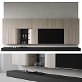 Modern TV Wall With Light Wood Panels Black Open Shelves Glasses And Black TV Stand