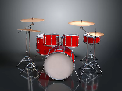 Red Household Musical Drum Set With Multiple Drums Cymbals And Metal Stands 3d model
