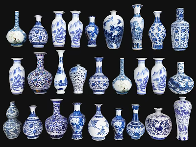 Blue and White Ceramic Vessels Collection With Various Traditional Patterns and Shapes 3d model