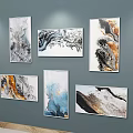 Multiple Abstract Paintings Hanging On Gray Wall With Fluid Marble Texture And Colorful Patterns 3d model
