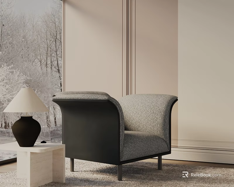 Stylish Accent Chair By Window With Table Lamp Side Table And Snowy Landscape View 3d model 
