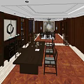 Elegant Office Interior With Wooden Paneling Large Desk Black Office Chairs Chandelier And Decorative Painting