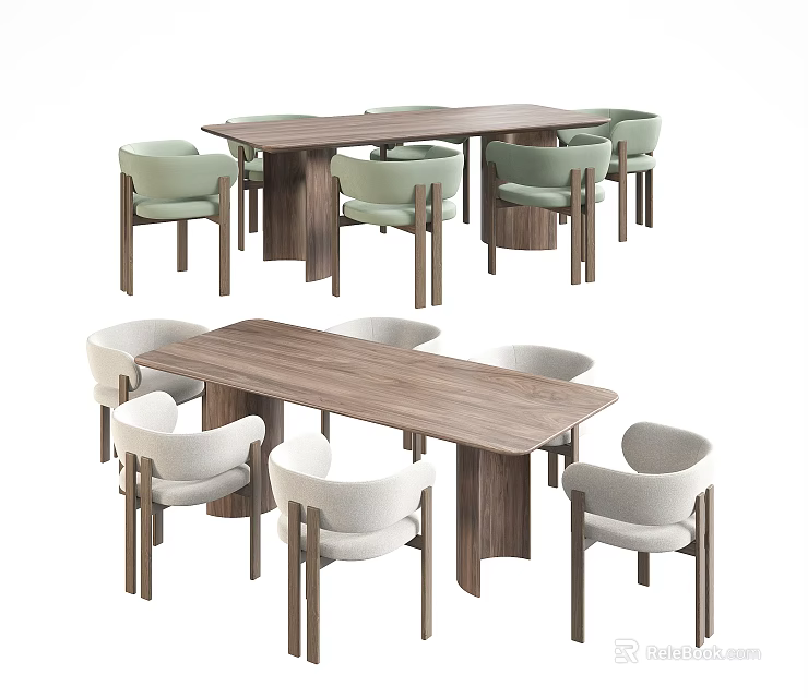Modern Rectangular Wooden Dining Table Set with Light Green and White Chairs 3d model