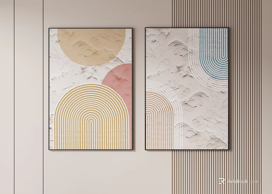Modern Abstract Paintings With Yellow Pink Blue Arcs And Textured Beige Background 3d model 