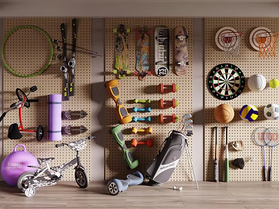 Organized Sports Equipment Wall Display With Skis Skateboards Tennis Rackets Dartboard Bicycle And Balls 3d model