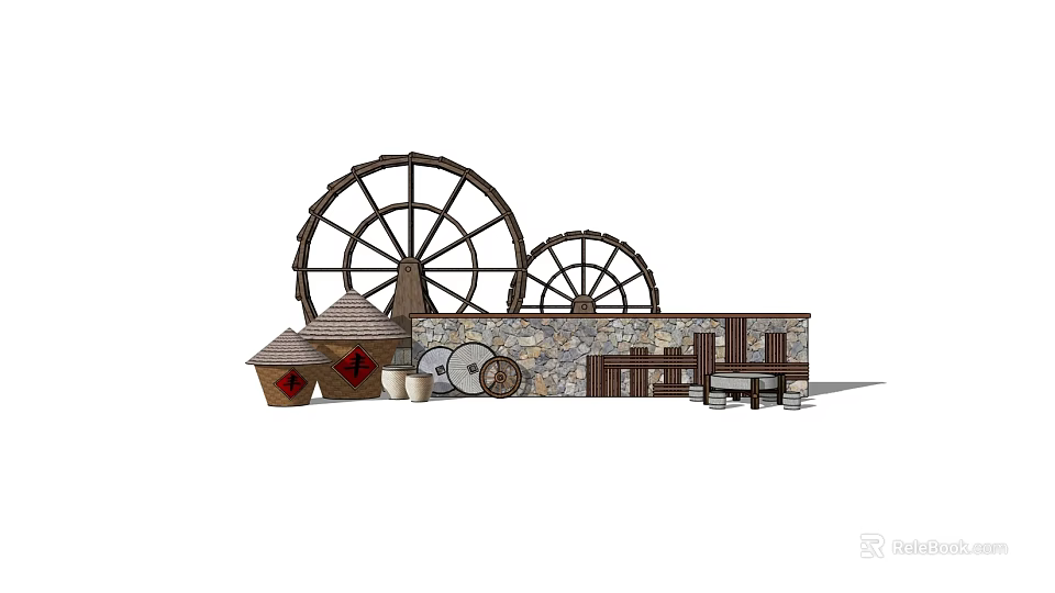 Traditional Scenic Feature Wall With Large Small Water Wheels Stone Design And Earthen Jars 3d model 