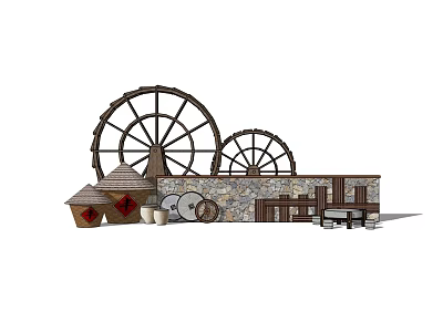 Traditional Scenic Feature Wall With Large Small Water Wheels Stone Design And Earthen Jars 3d model
