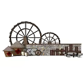Traditional Scenic Feature Wall With Large Small Water Wheels Stone Design And Earthen Jars