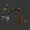 Collection of Various Objects Including Green Cylinder Circular Rings Wooden Blocks and Small Cards