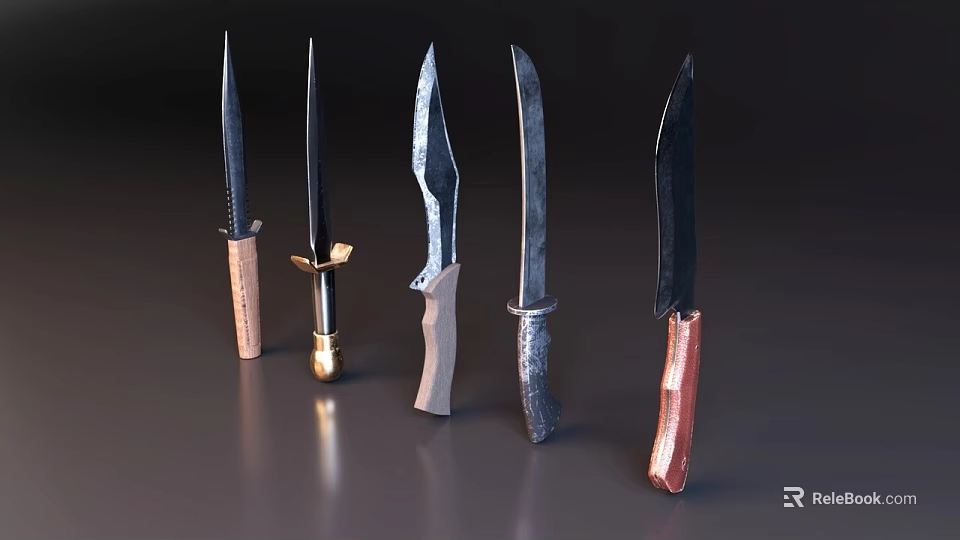 Five Assorted Weapon Knives Showcasing Diverse Handles And Sharp Metal Blades Displayed 3d model 